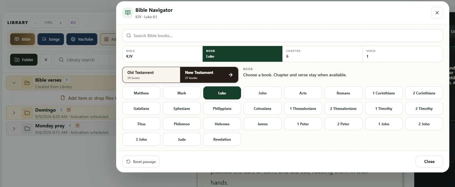 Bible Navigator con controles de Biblia, testamento, libro, capítulo y versículo