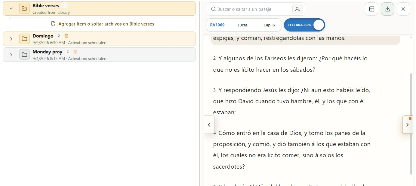 Biblia abierta junto a Library en modo split