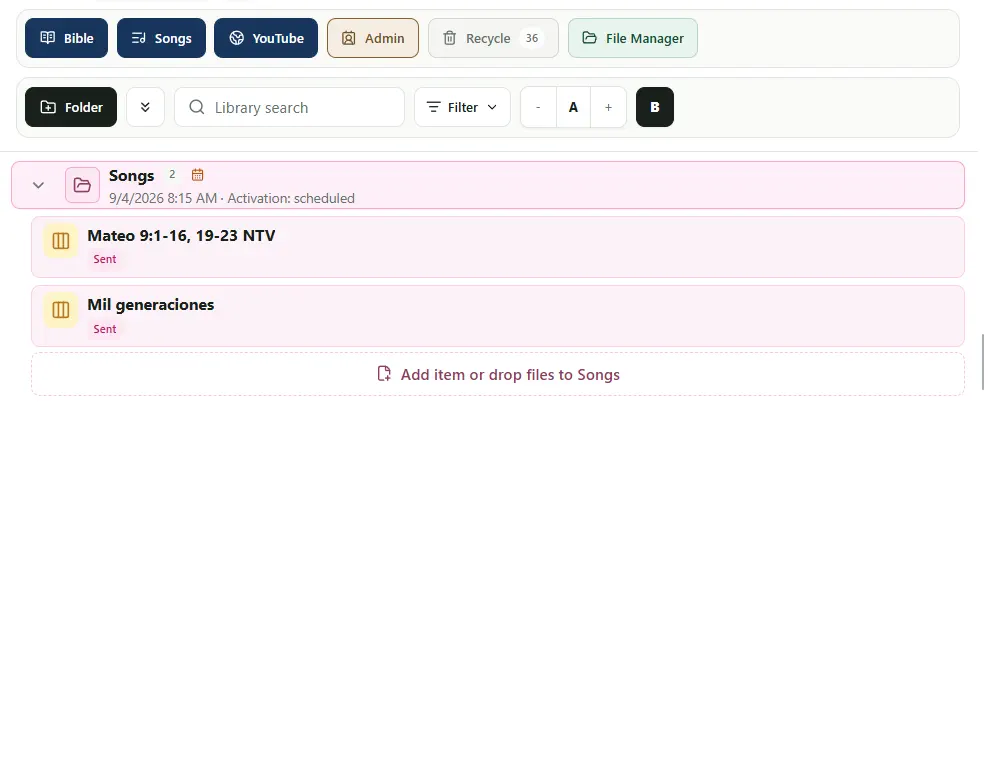 Barra de Library con Admin, Recycle y File Manager
