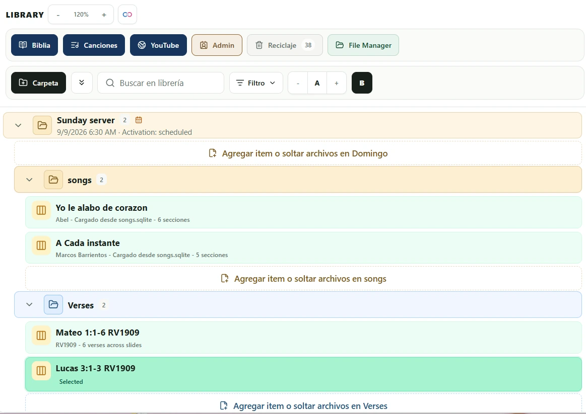 Library de SHINE en español con barra, folder principal y folders anidados de canciones y versículos
