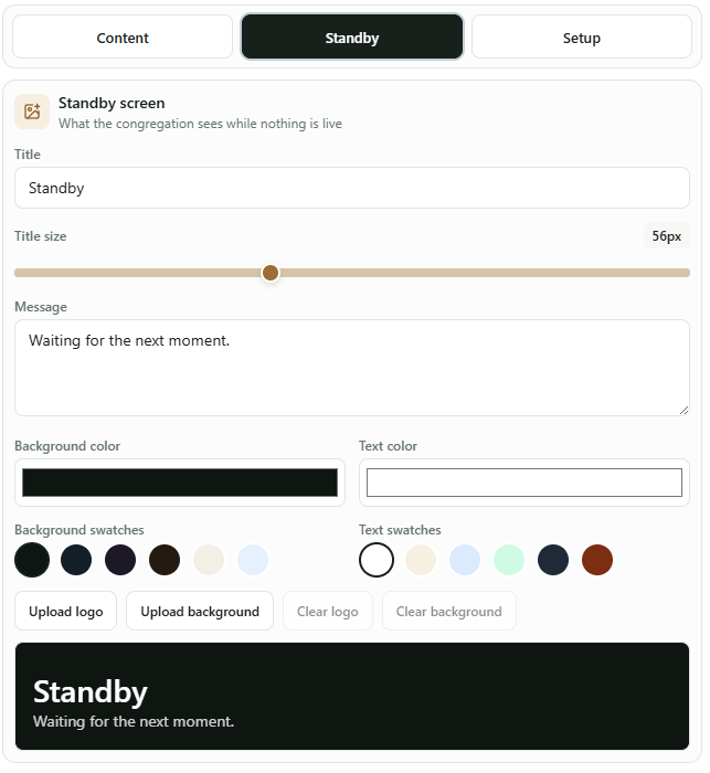 Settings de Standby para título, mensaje, colores, logo y fondo