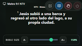 Barra Bible Size visible debajo de Live Output con A menos, slider, A más y 158 por ciento