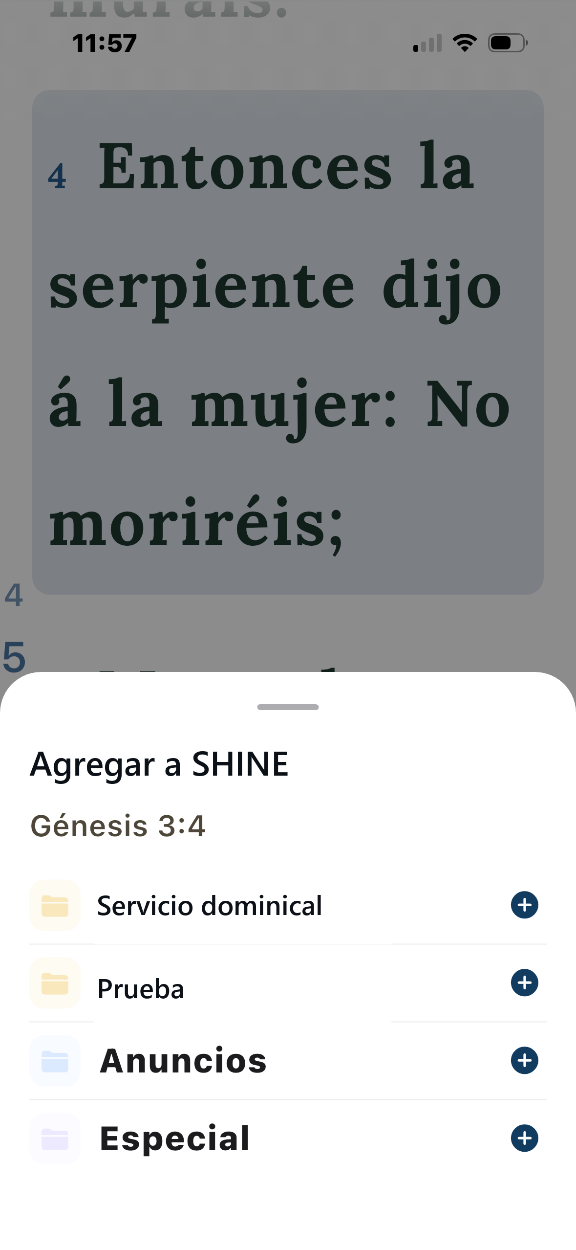 Panel Agregar a SHINE para Génesis 3:4 con folders de destino