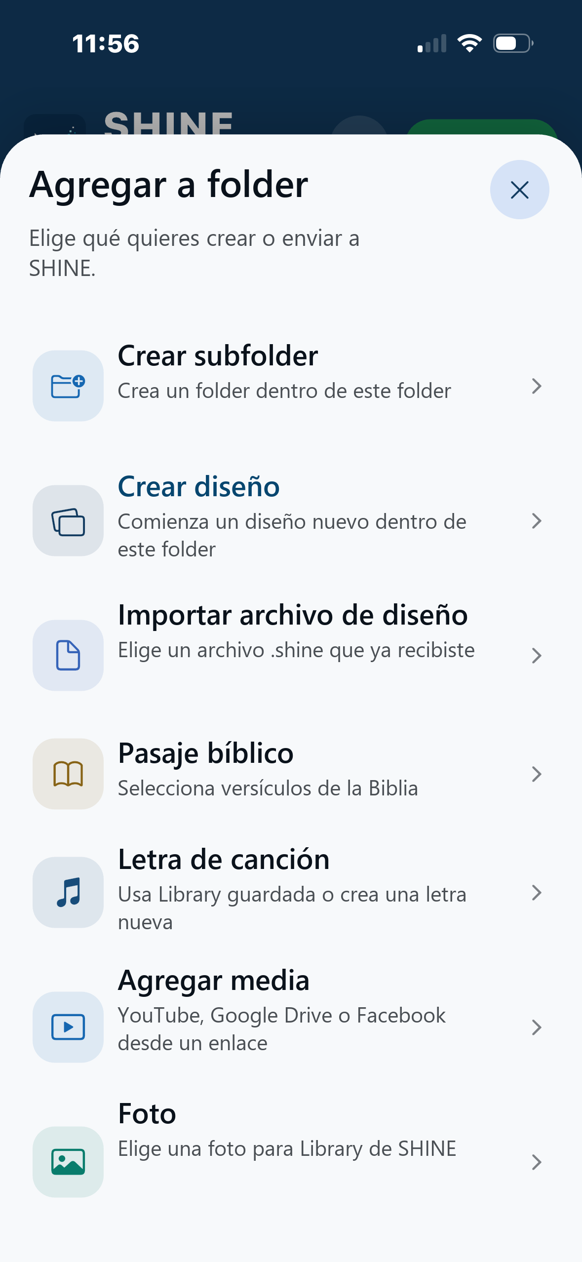 Menú Agregar a folder con opciones de subfolder, diseño, Biblia, canciones, media y foto