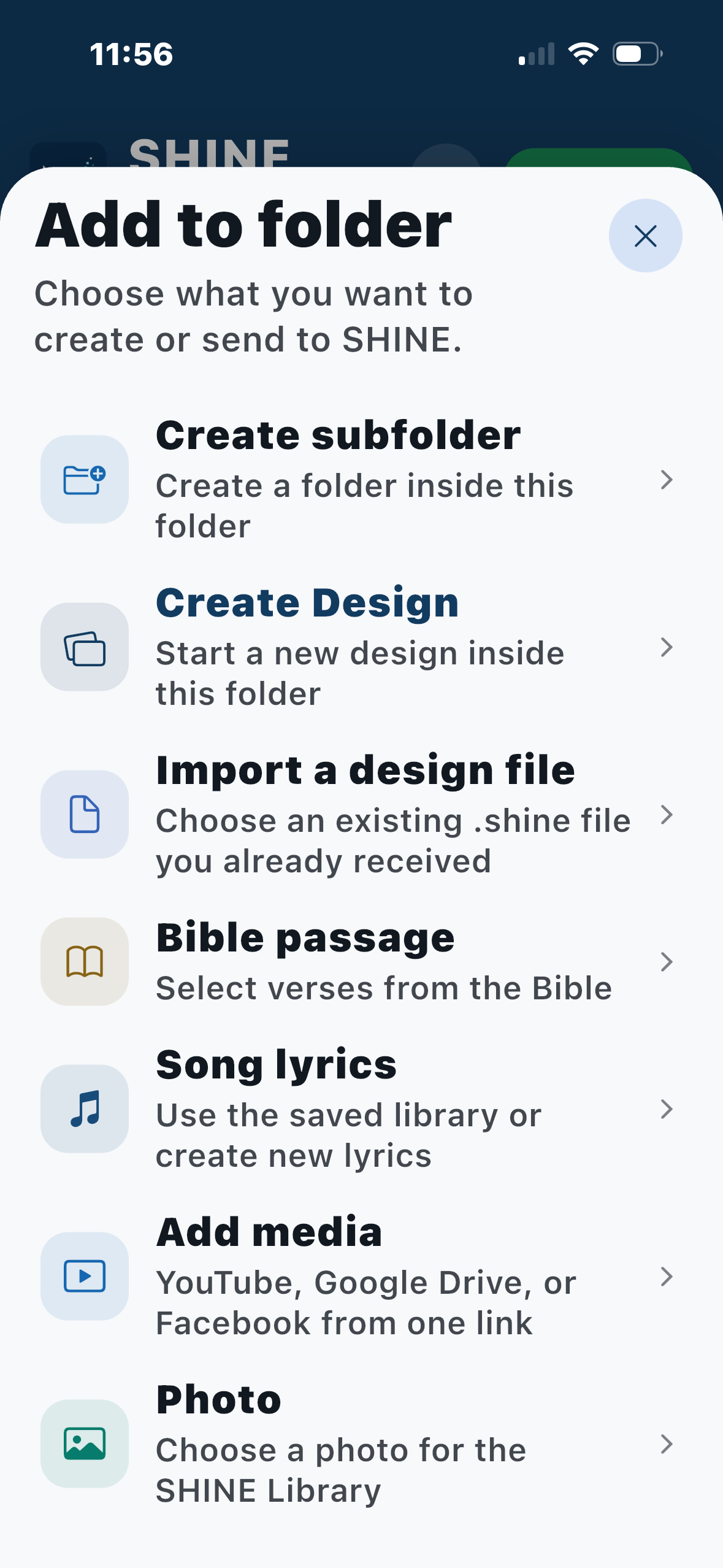 Add to folder menu with subfolder, design, Bible passage, song lyrics, media and photo options