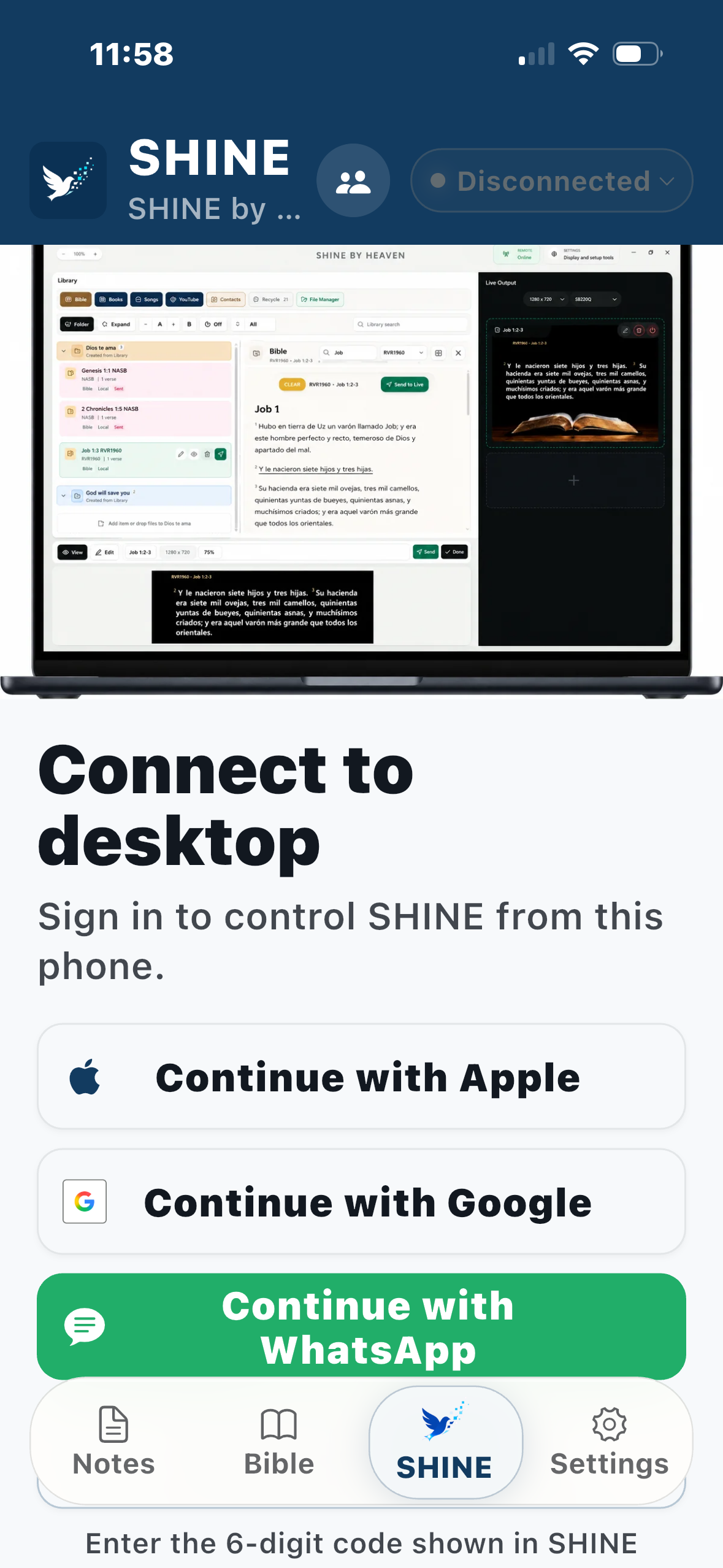 Pantalla de inicio de sesión y conexión al desktop de SHINE by Heaven Mobile App