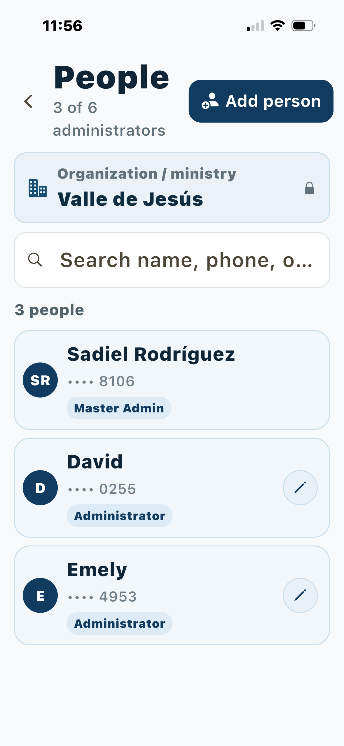 Pantalla People con ministerio, Master Admin, administradores y botón Add person