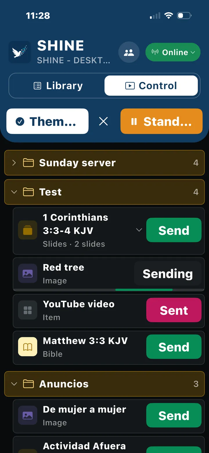 SHINE by Heaven Mobile App conectada y lista para enviar contenido