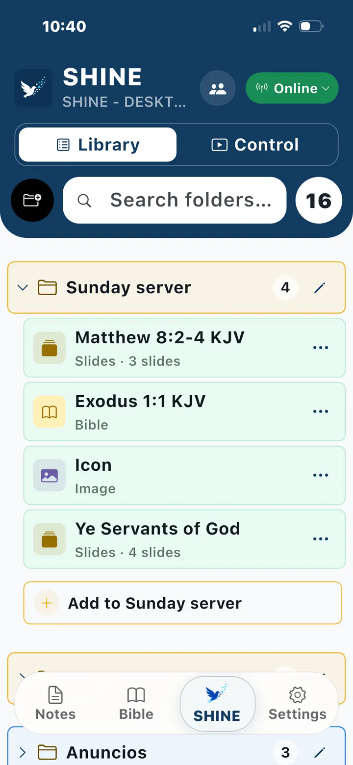 SHINE by Heaven Mobile App mostrando la Library conectada del servicio