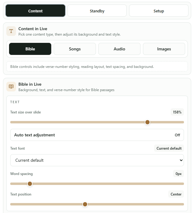Panel Settings Content con tabs Bible, Songs, Audio e Images y controles de texto para Biblia
