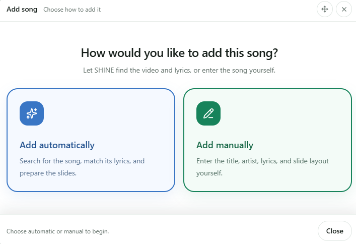 Ventana Add song con opciones Add automatically y Add manually