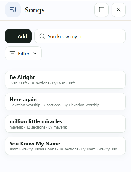 English Songs workspace with Add, search, Filter and song results