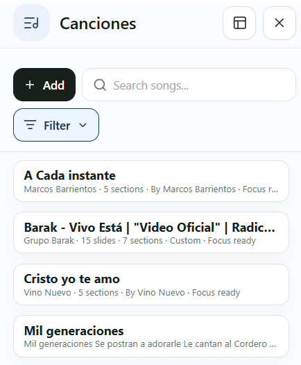 Workspace Canciones con Add, búsqueda, Filtro y resultados
