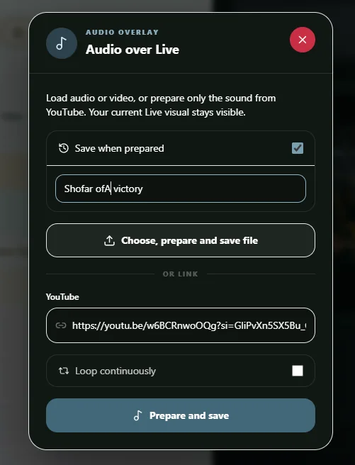 Diálogo de preparación de Audio Overlay en SHINE