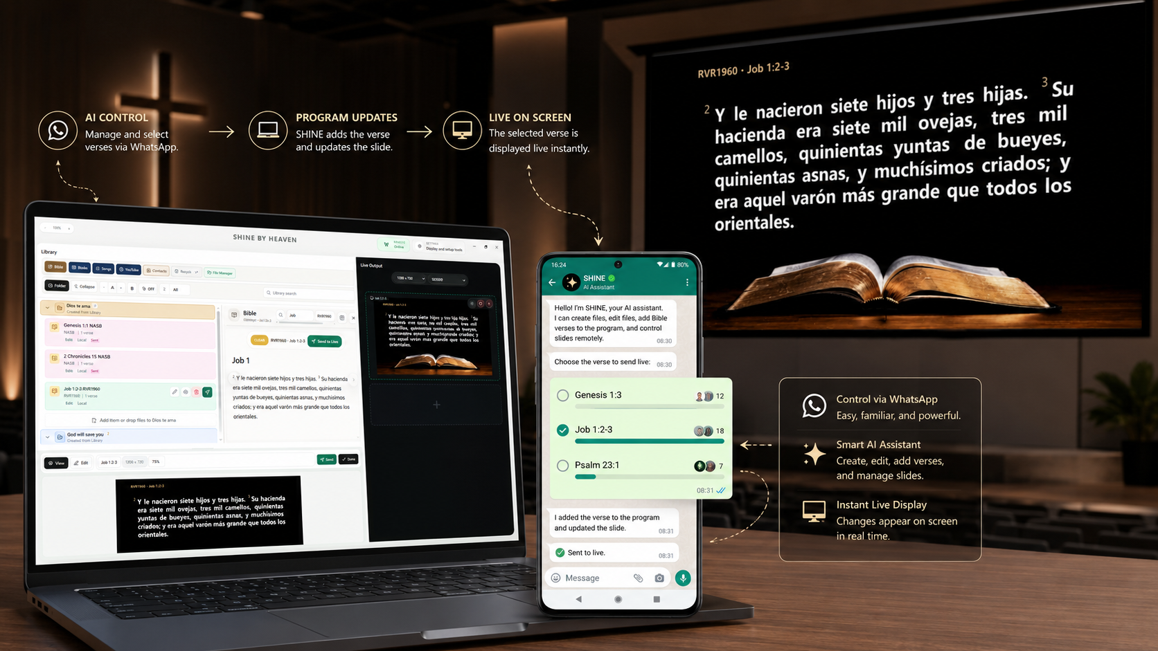 SHINE on laptop with phone remote and live screen