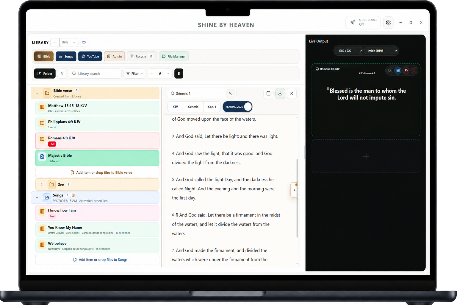 SHINE by Heaven mostrando el nuevo workspace con Library, Biblia y Live Output